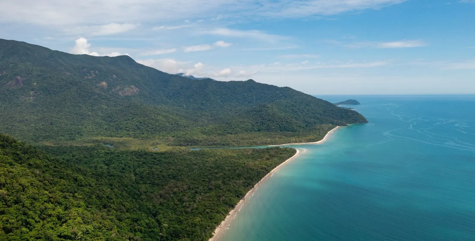Aerial view of a forested headland and a long sandy beach on the Coral Sea near Cape Tribulation