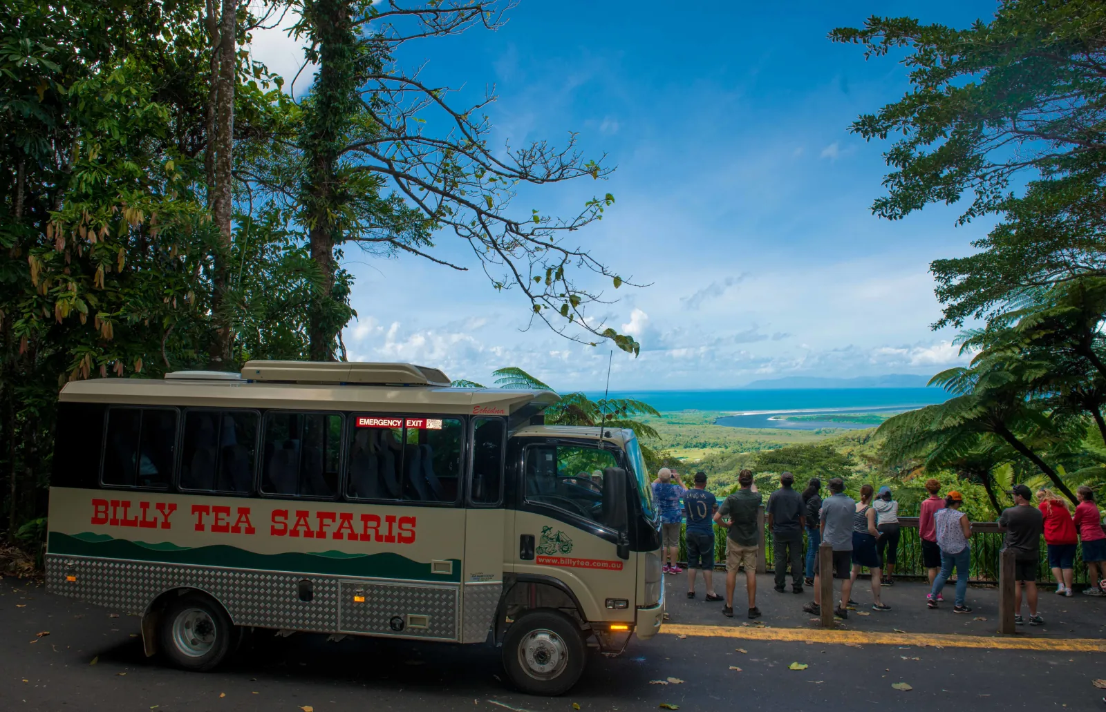 Billy Tea Safaris group at a lookout over the Daintree coast