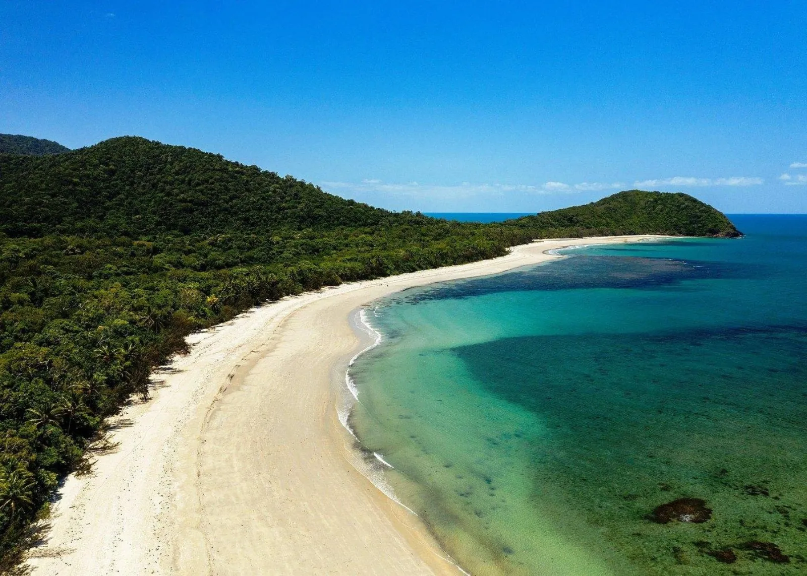 Aerial view of Cape Tribulation's curved beach and reef