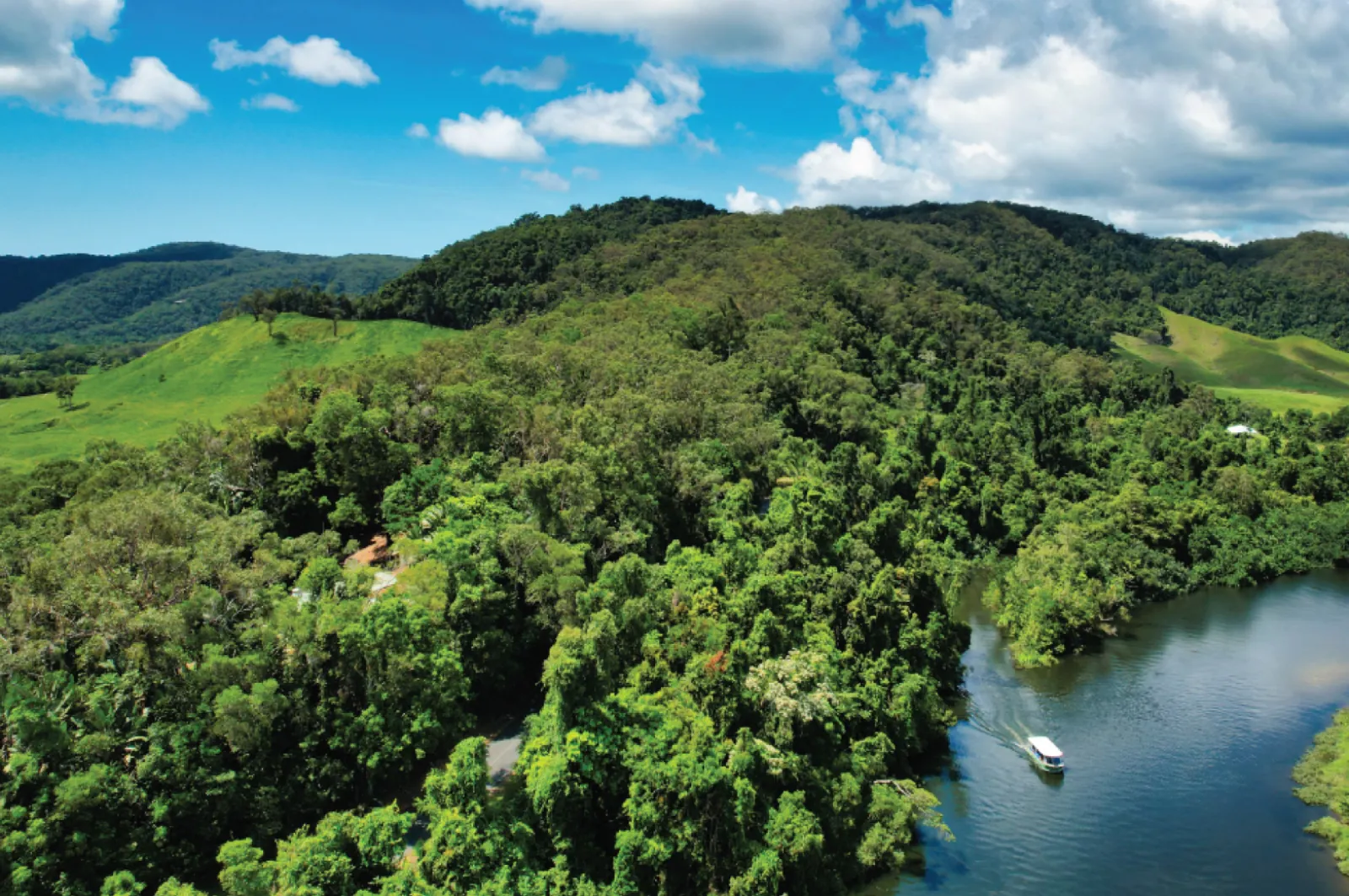 Aerial view of the Daintree River through farmland and forest