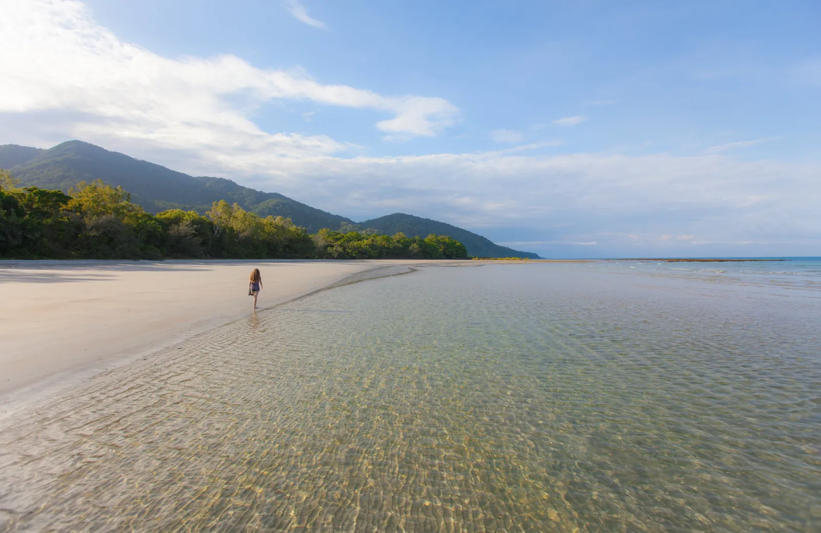 Wide tidal beach at Cape Tribulation with the ranges beyond